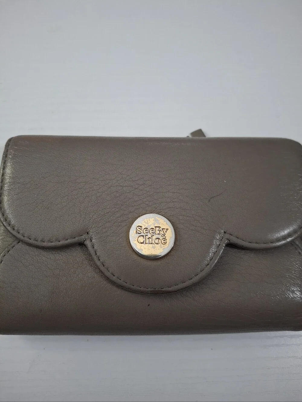 See by Chloé Taupe Scalloped Leather Compact Wallet